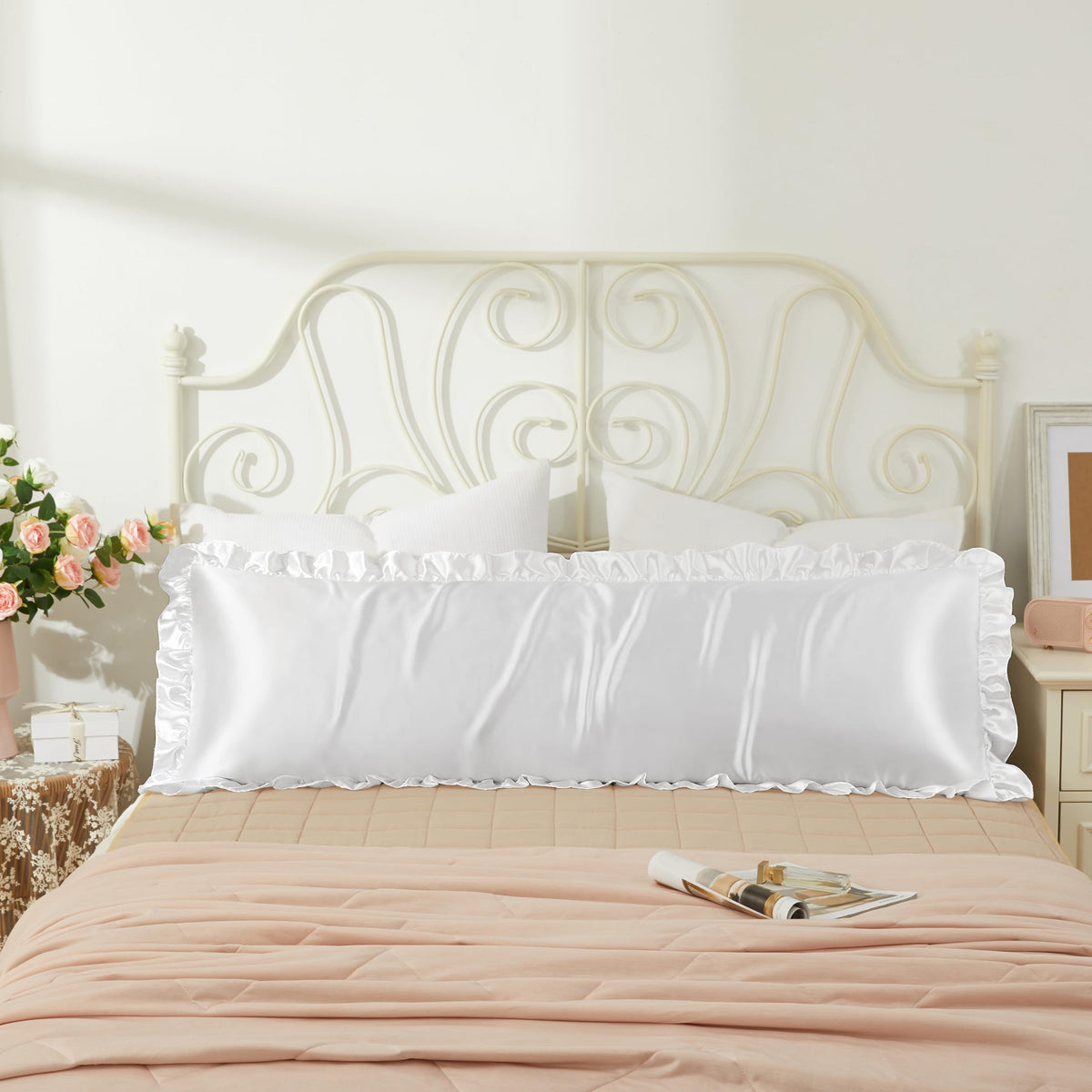 Blush Pink Satin Ruffled Pillow Cases for Hair and Skin,Blush Pink Silk Pillowcases Standard Set of 2 with Envelope Closure Princess Room Decoration