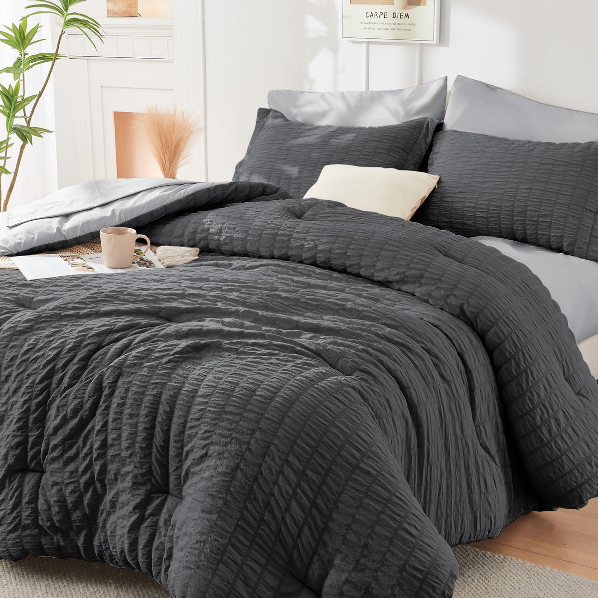 King Comforter Set - 7PCS Bed in a Bag, Seersucker Bedding Set, Dark Grey