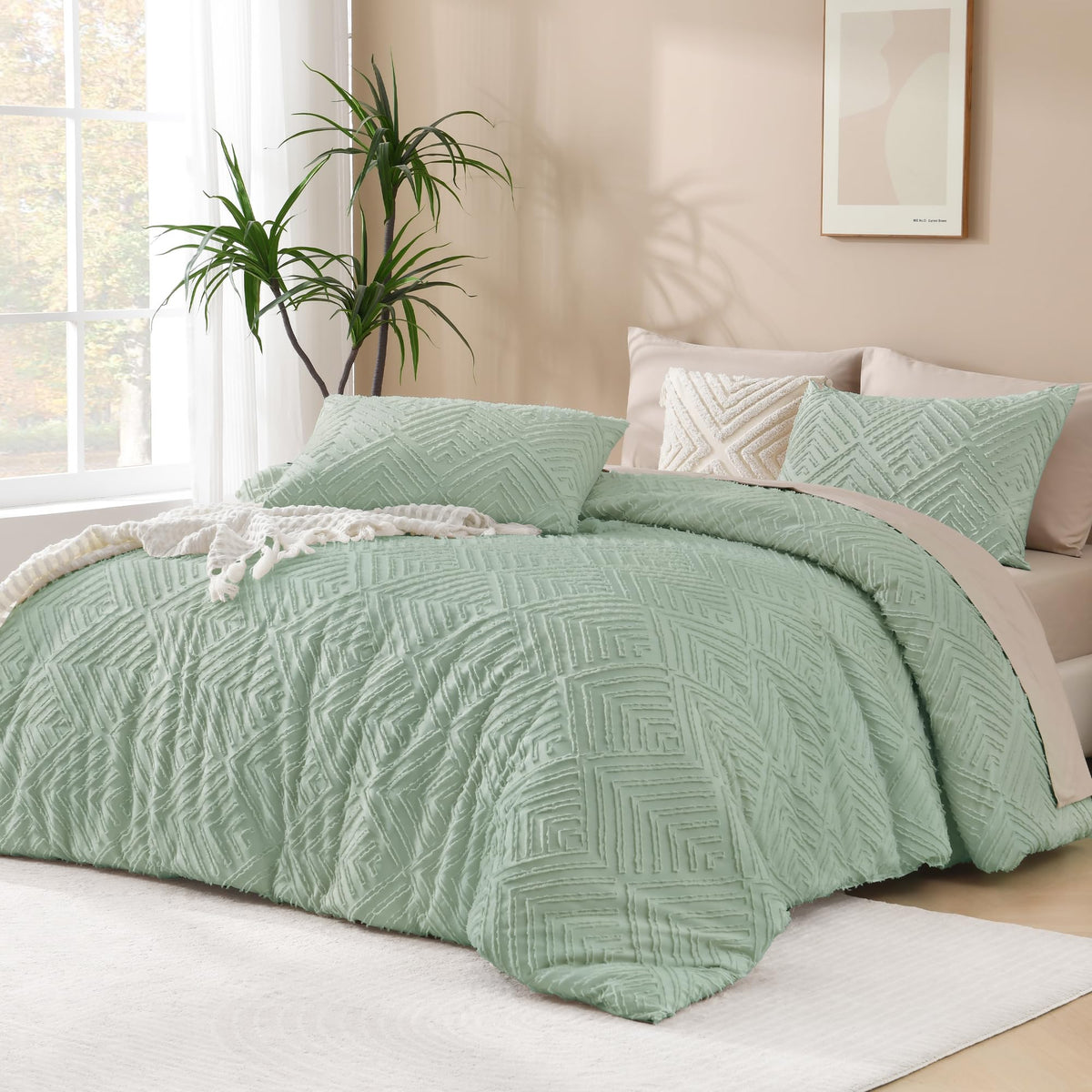Andency King Size Comforter Set Beige, 3 Pieces Boho Bedding