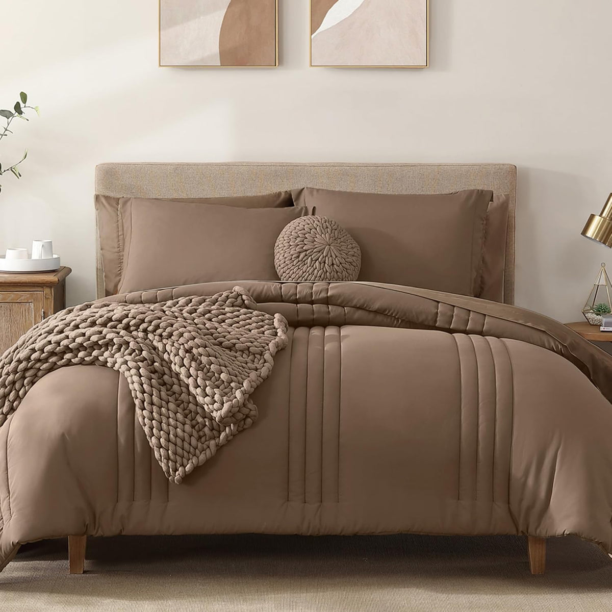 King Size Comforter Set-7 Pieces Brown Soft Bed in a Bag King Bedding Sets
