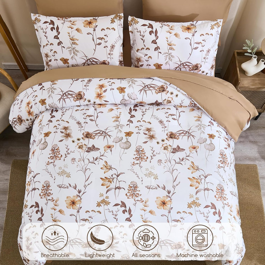 DJY Floral Comforter Set Queen Size,Brown Botanical Bedding Sets