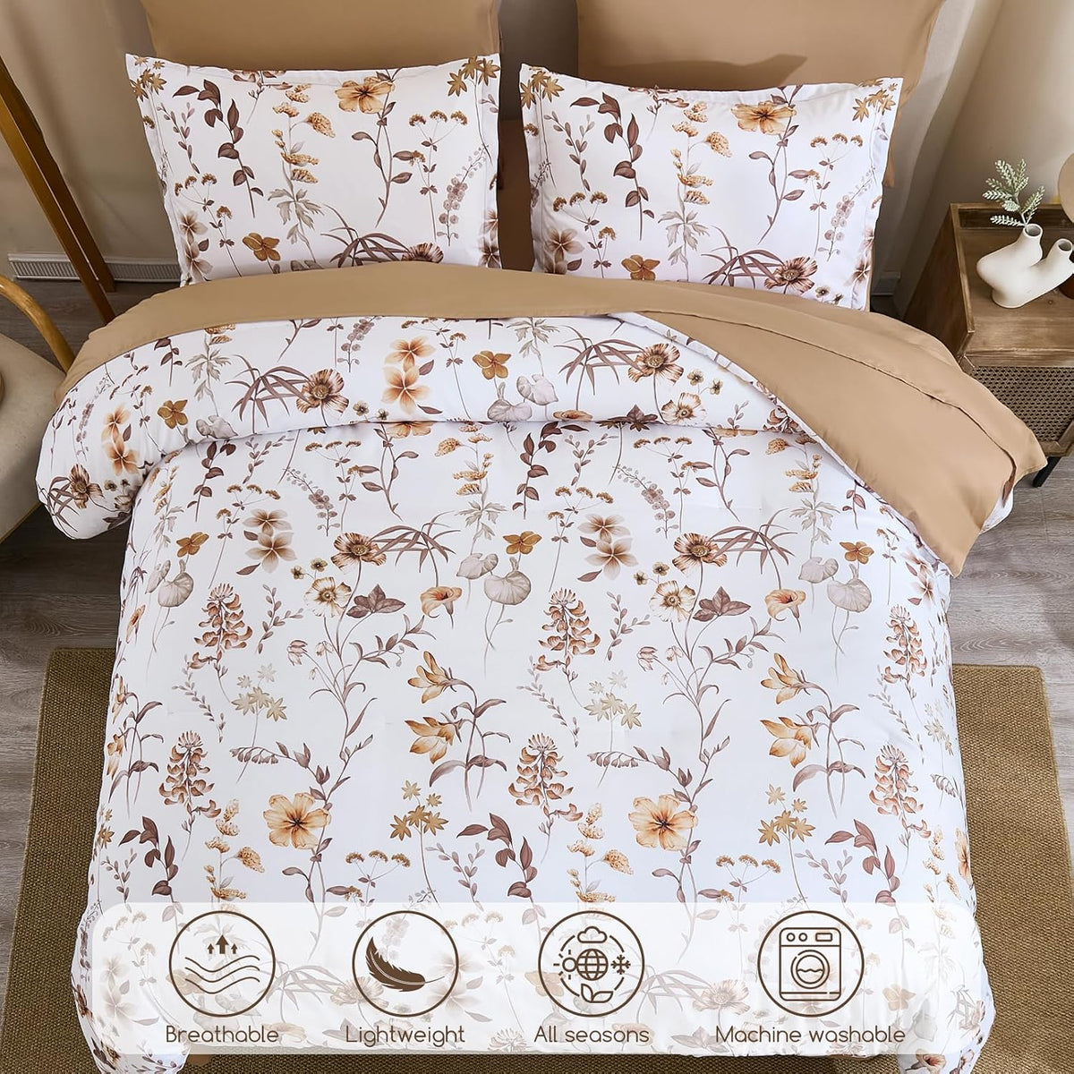 DJY Floral Comforter Set Queen Size,Brown Botanical Bedding Sets