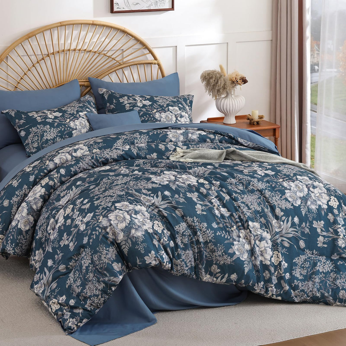 Queen Comforter Set 8 Pieces, Floral Comforter Set Blue, Bed in a Bag Queen