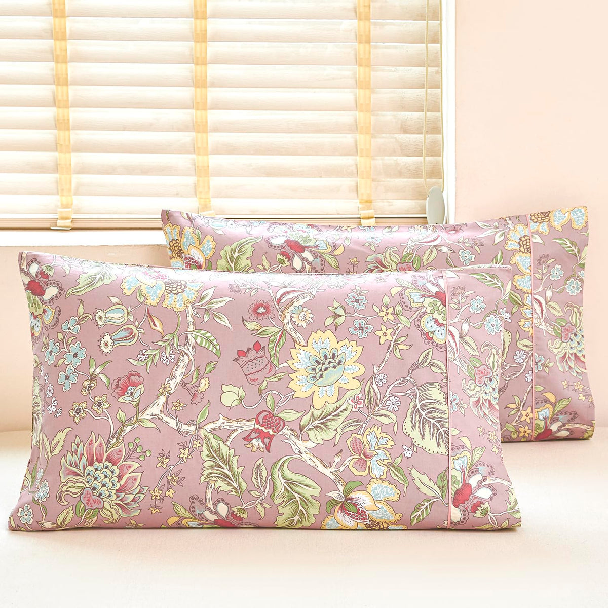 URBONUR 100% Cotton Pillowcases Set of 2 Standard Size Floral Printed Butterfly Pillow Cases Soft Breathable Cooling Pillowcase Decorative Pillow Cover (Standard, 20x26 Inches, Green Flowers)