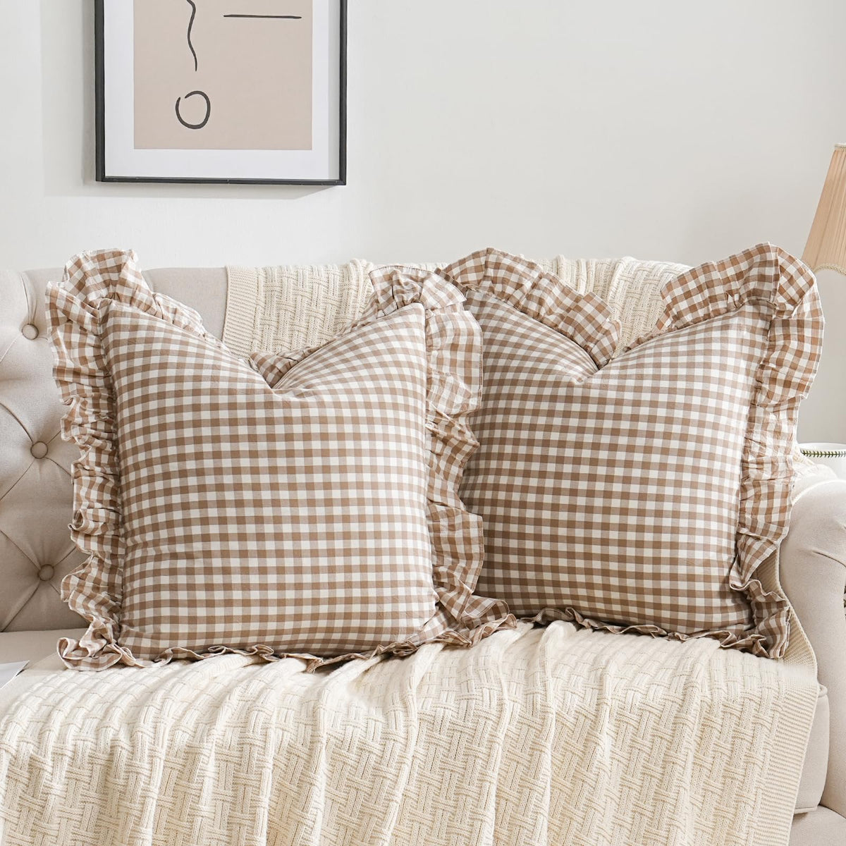 Taupe/White Plaid Ruffled Body Pillow Cover Washed Cotton 20"x54"