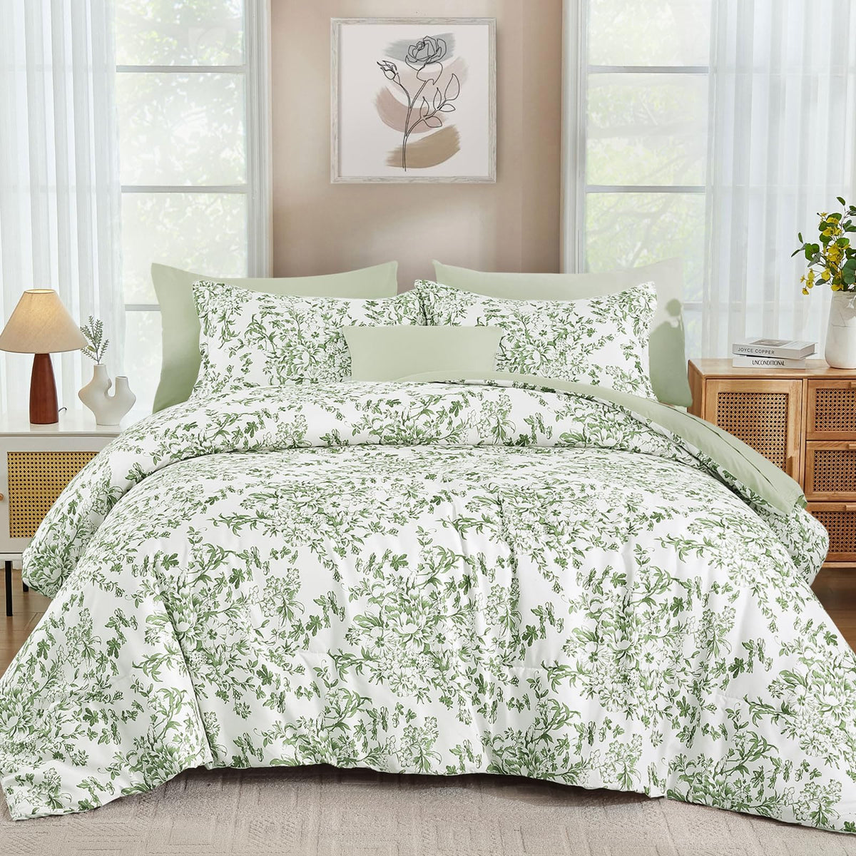 WONGS BEDDING 8 Pieces Queen Size Comforter Set Green, Sage Green Floral Bed in a Bag Comforter Sets, Soft Reversible Botanical Flowers Bedding Sets for All Season (90"x90")
