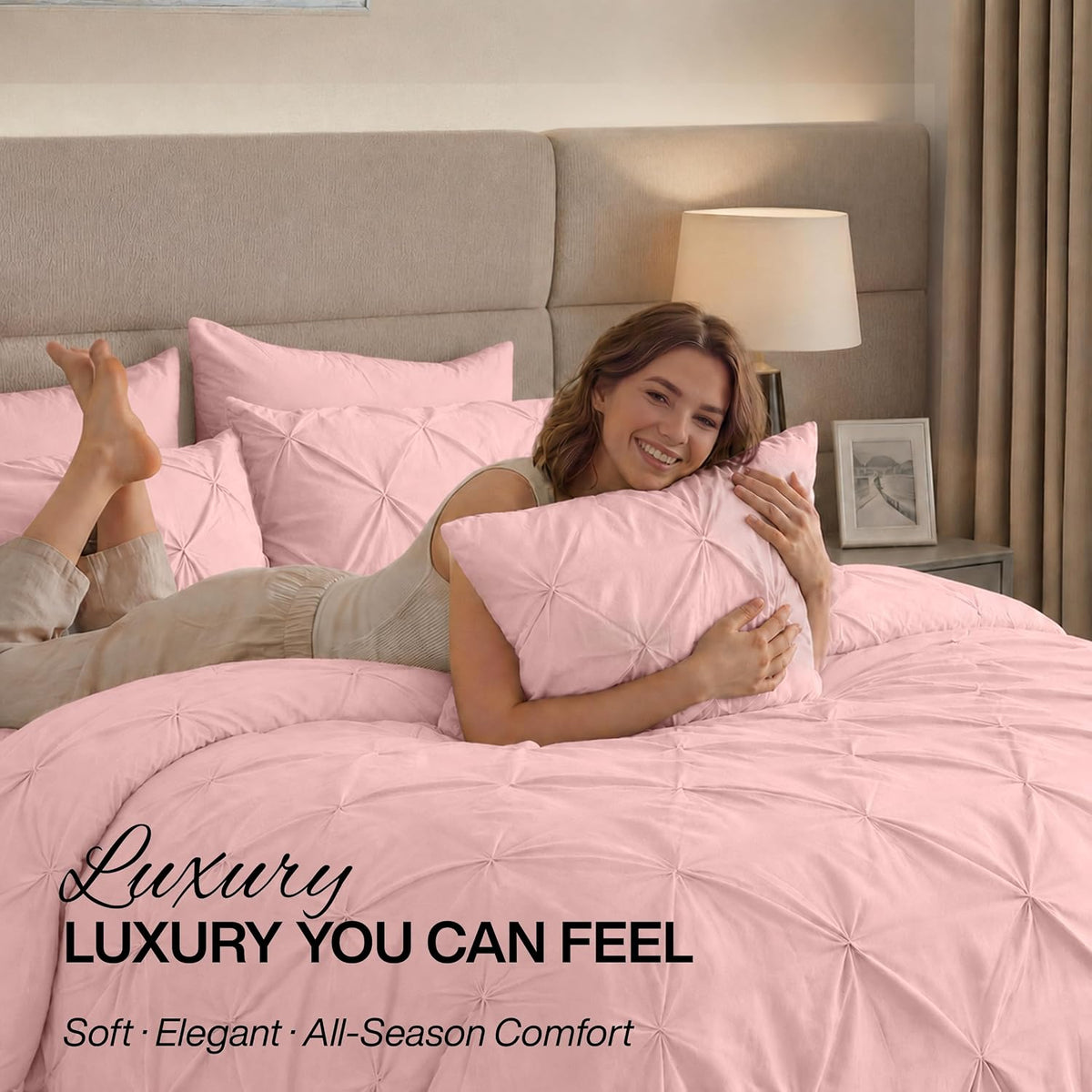 Utopia Bedding 7 Pc Pintuck Queen Comforter Set, 88 x 88 Inches, Pink