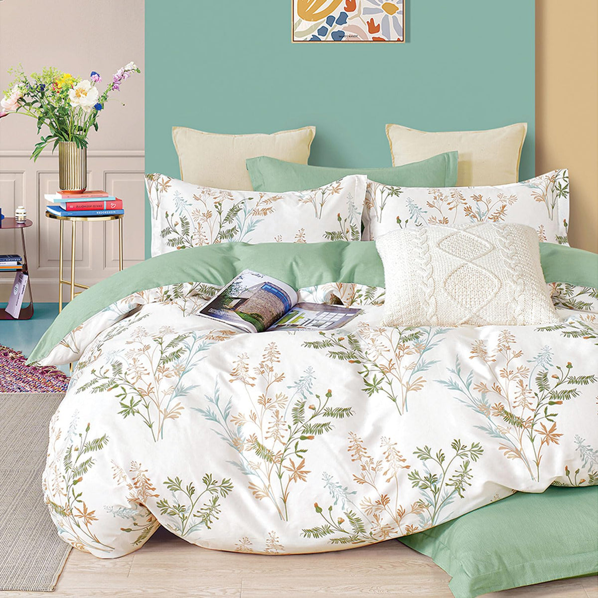 ALEISSEL Natural Cotton 3pcs Floral Comforter Sets King Size-Yellow Comforter with Pink & Yellow Flowers and Blue & Green Leaves on White, Reversible Lightweight Bedding Sets(King 104"×90")