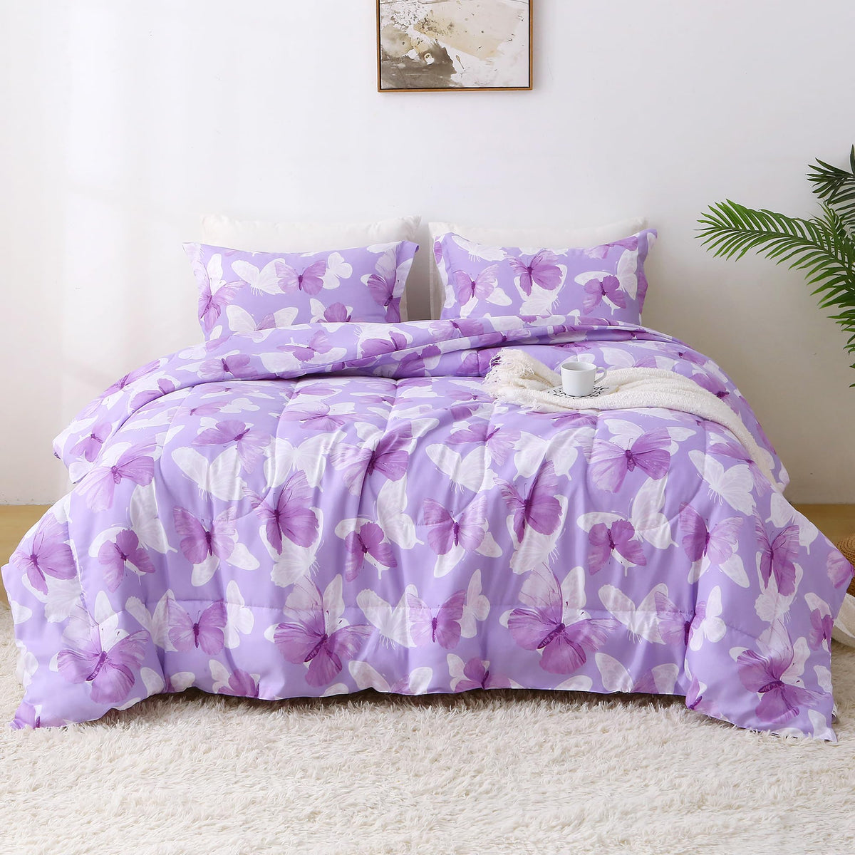 Mooreeke Floral Queen Size Comforter Sets, Lightweight Purple Lavender Botanical Printed Bedding for All Seasons, 3-Piece Vintage Bed in a Bag with Fluffy Quilted Reversible Comforter & 2 Pillow Shams