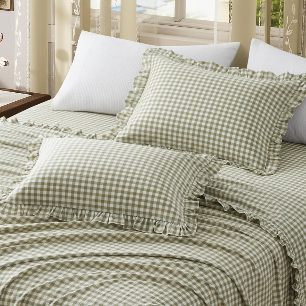 KKJIAF 2 Pcs Plaid Ruffle Pillow Case Standard Size, Sage Green Plaid