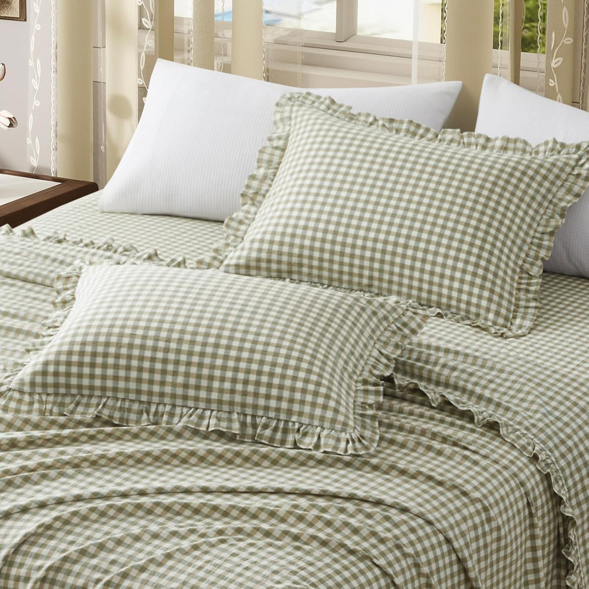 KKJIAF 2 Pcs Plaid Ruffle Pillow Case Standard Size, Sage Green Plaid