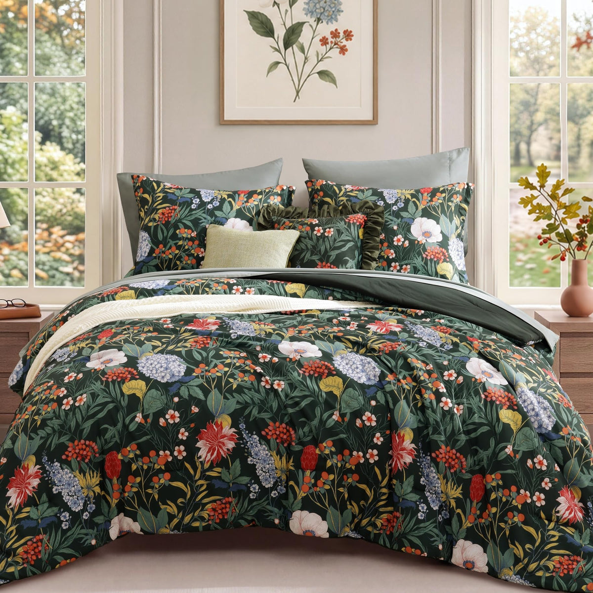 King Size Comforter Set-7 Pieces Floral Green Bed in a Bag King Bedding Set
