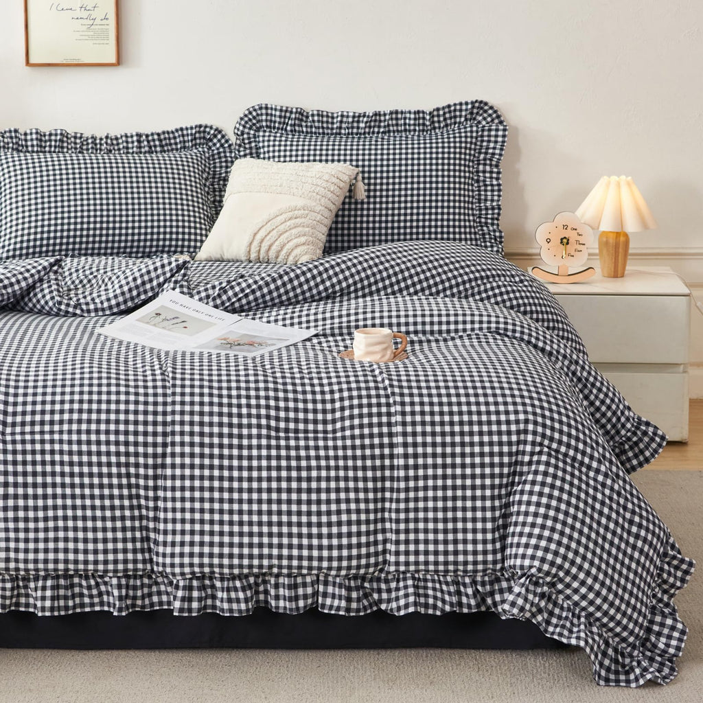 RYNGHIPY 5 Pcs Gingham Bedding Set Queen Yellow Ruffle Comforter Sets