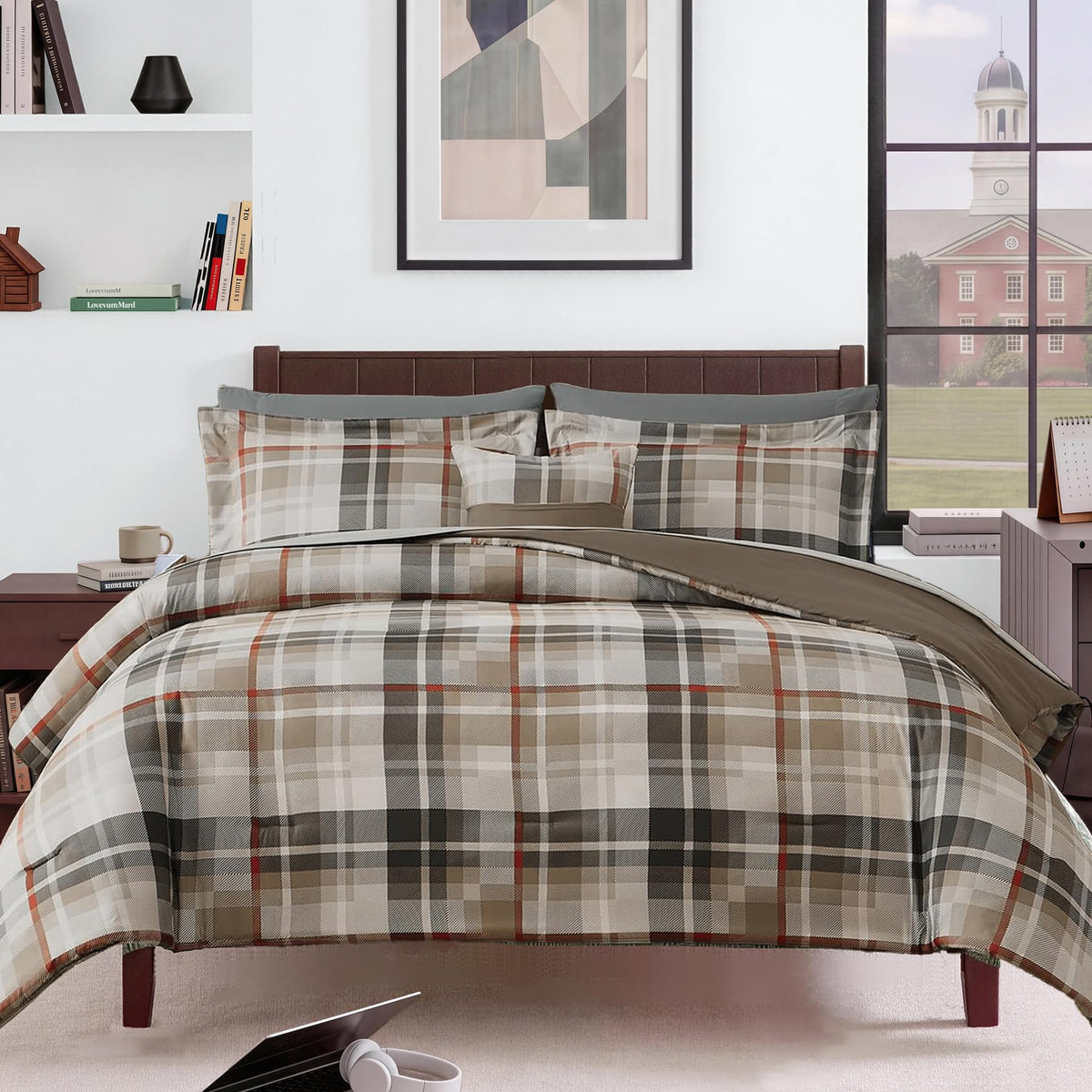 MaiRêve Plaid Queen Comforter Set Navy Blue 7 Pieces Bed in a Bag