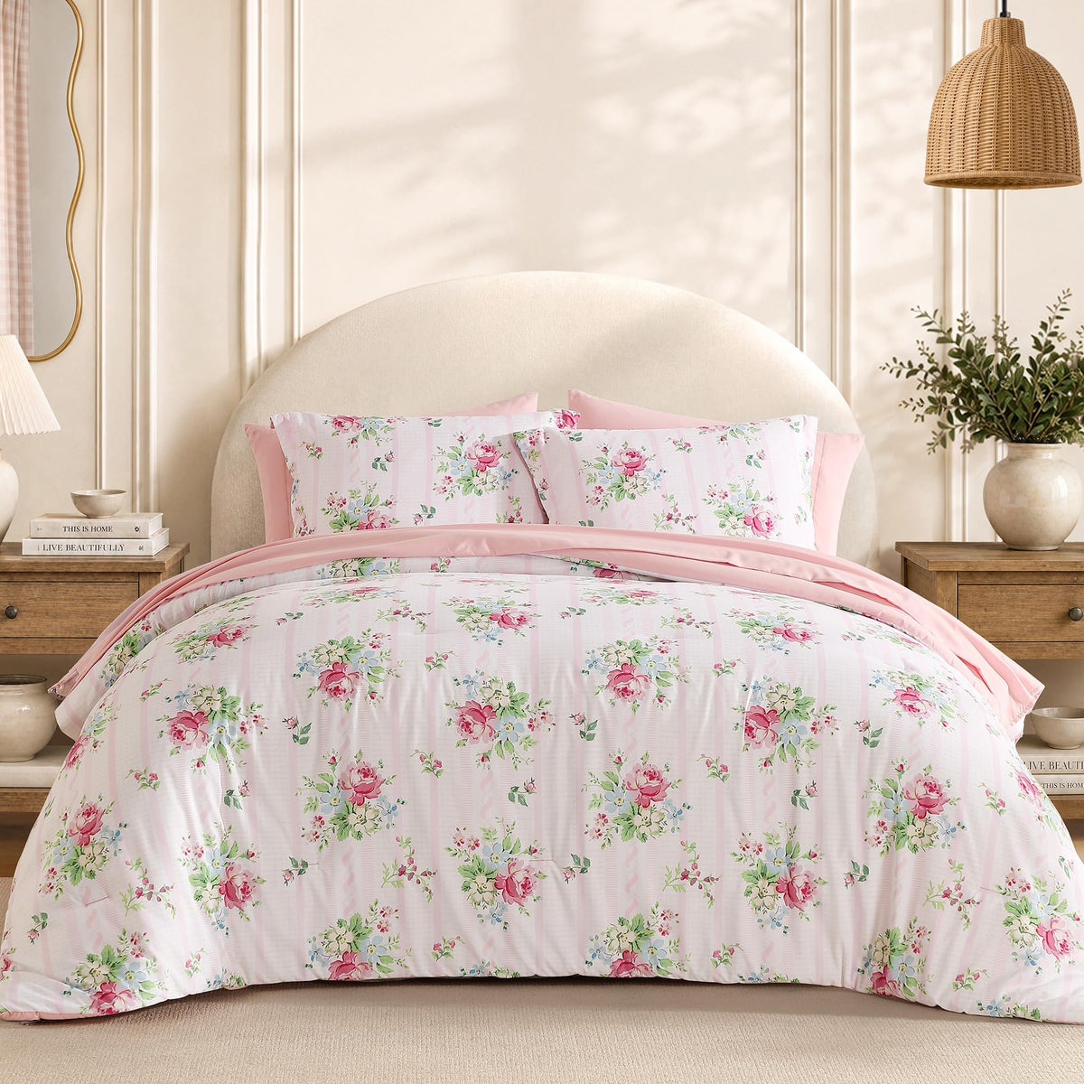 BLOOMHAVEN King Size Comforter Set-7 Pieces Blue Floral Bed in a Bag King