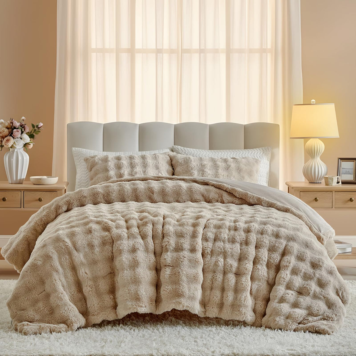 Full Faux Rabbit Fur Comforter Set - 3 Pieces Fluffy Bedding Set Ultra Soft Warm Shaggy Winter Flannel Bed Set, Luxury Skin Friendly Sherpa Comforter Set & Pillow for Thanksgiving Tie Dye Coffee