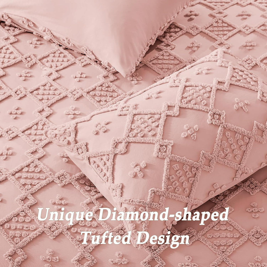 Tufted Boho Comforter Set, 3 Pieces Pink Boho King Bedding Set