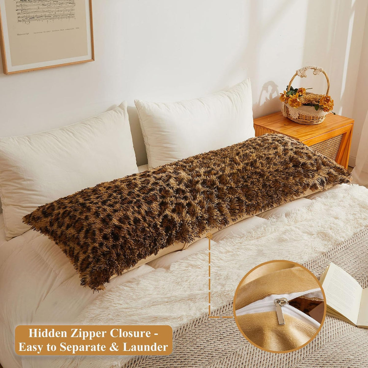 XeGe 20x54 Fluffy Faux Fur Leopard Print Body Pillow Cover, Cheetah Brown