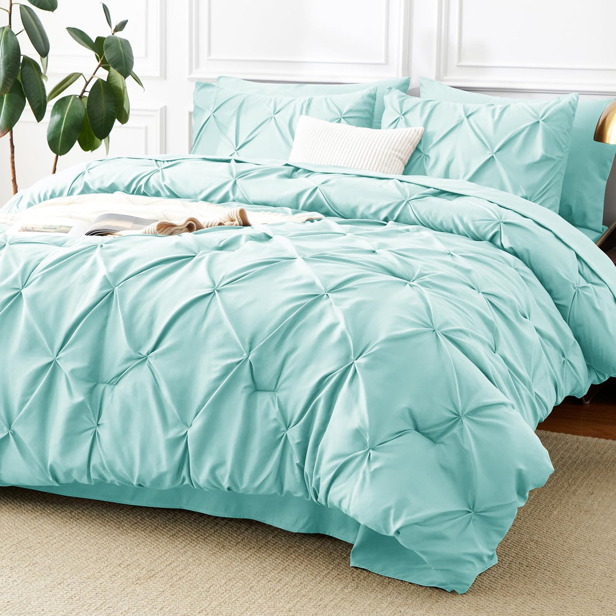 CozyLux Queen Comforter Set Black, 7 Pieces Pintuck Bed in a Bag