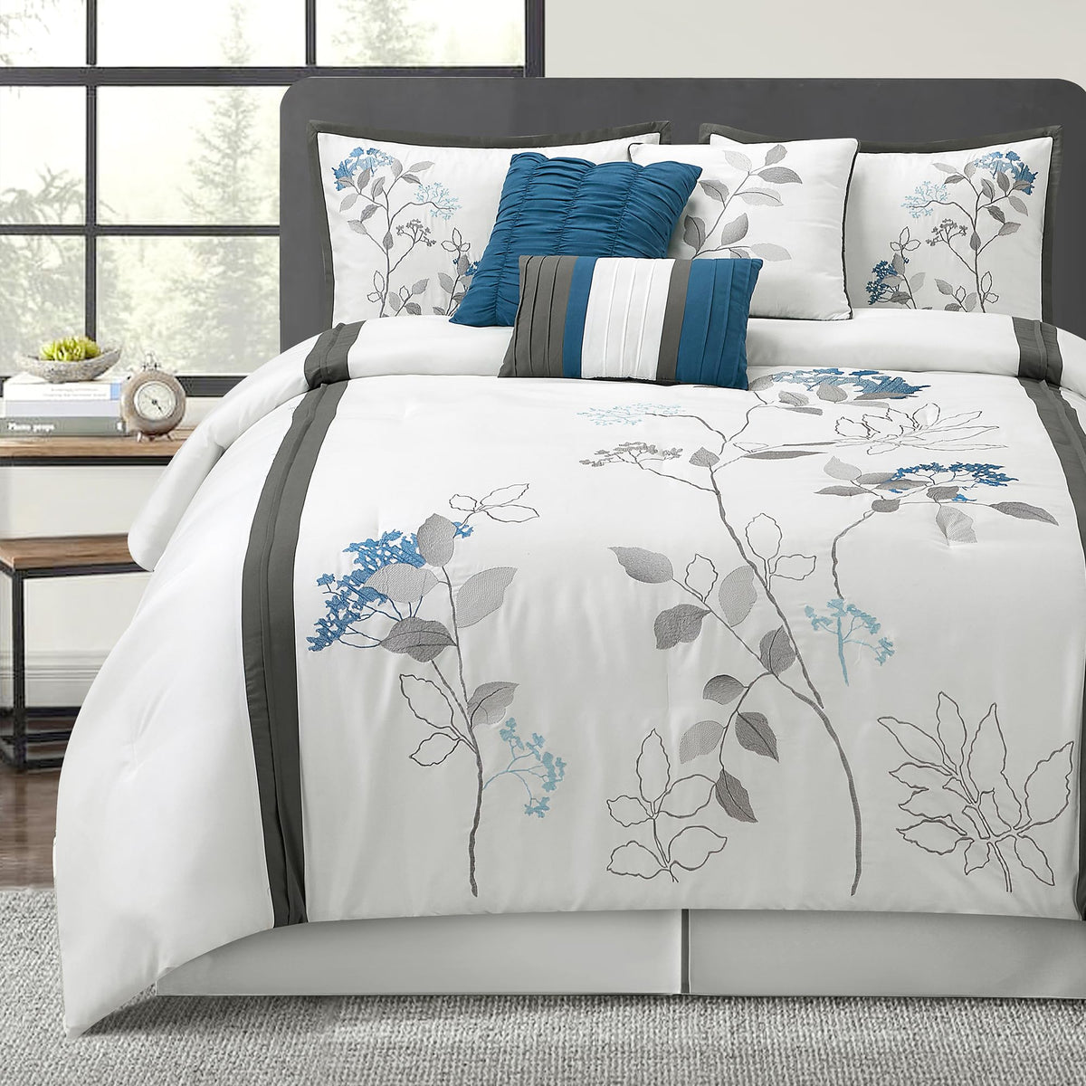 LANCO MODERN LIFESTYLE Beige King Comforter Set, 7 Pieces Bed in a Bag, Elegant Floral Leaves Embroidery, Soft and Lightweight All Seasons Bedding Set, Bedskirt, Pillow Shams, Decor Pillows