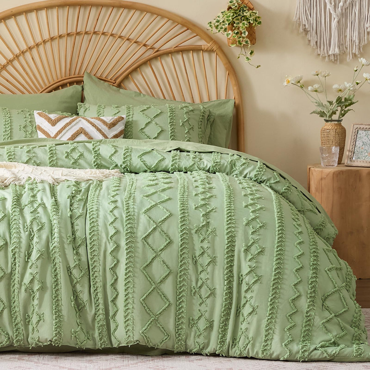 BEDELITE Queen Comforter Set 7 Pieces,Boho Bed in a Bag,Cream White