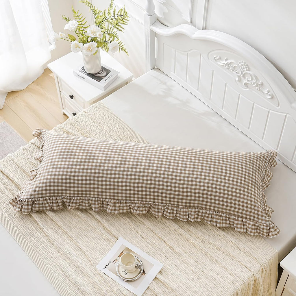 Taupe/White Plaid Ruffled Body Pillow Cover Washed Cotton 20"x54"