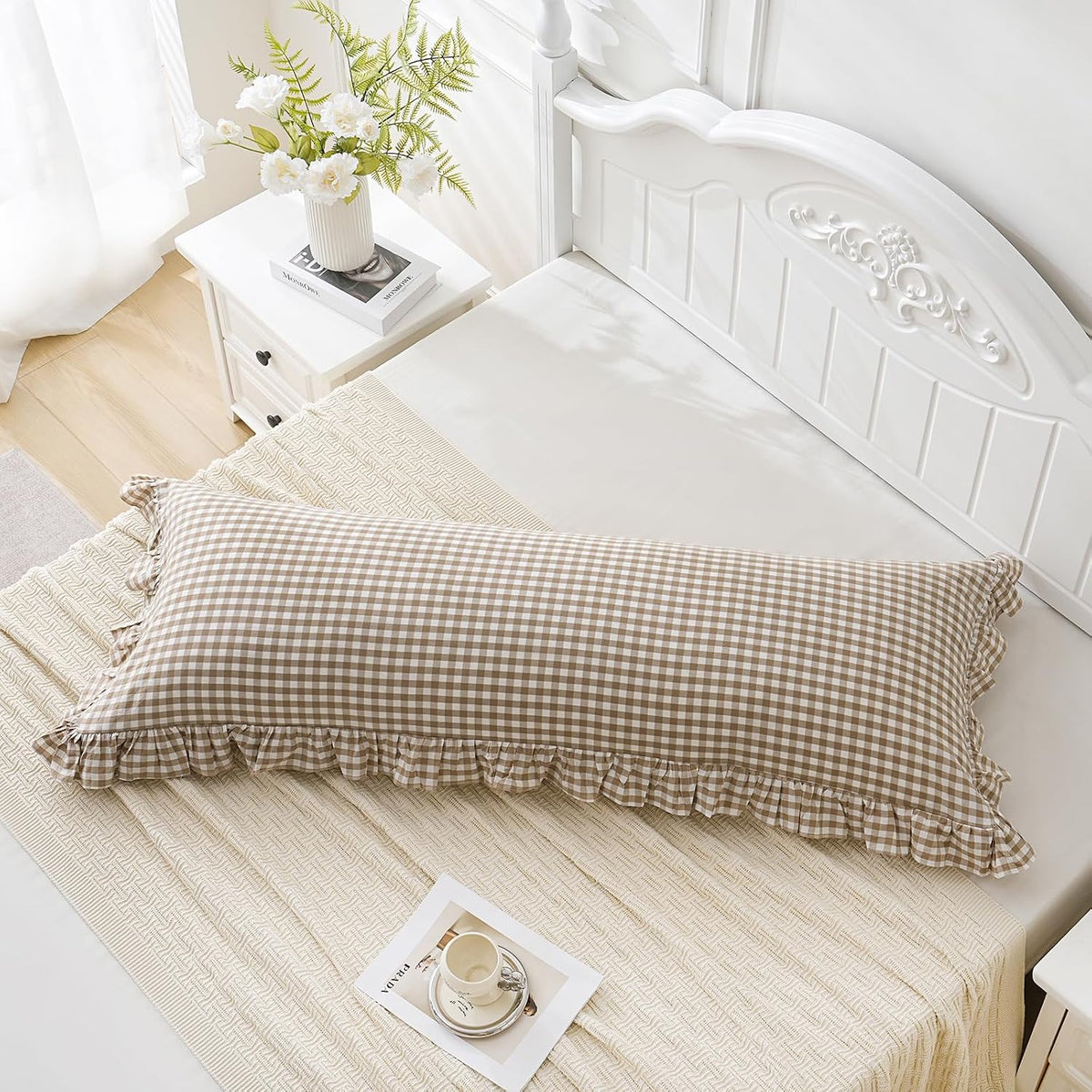 Taupe/White Plaid Ruffled Body Pillow Cover Washed Cotton 20"x54"