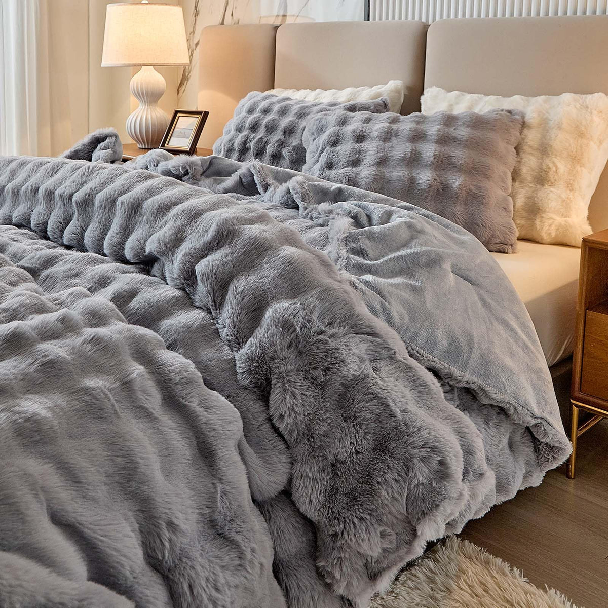 Full Faux Rabbit Fur Comforter Set - 3 Pieces Fluffy Bedding Set Ultra Soft Warm Shaggy Winter Flannel Bed Set, Luxury Skin Friendly Sherpa Comforter Set & Pillow for Thanksgiving Tie Dye Coffee