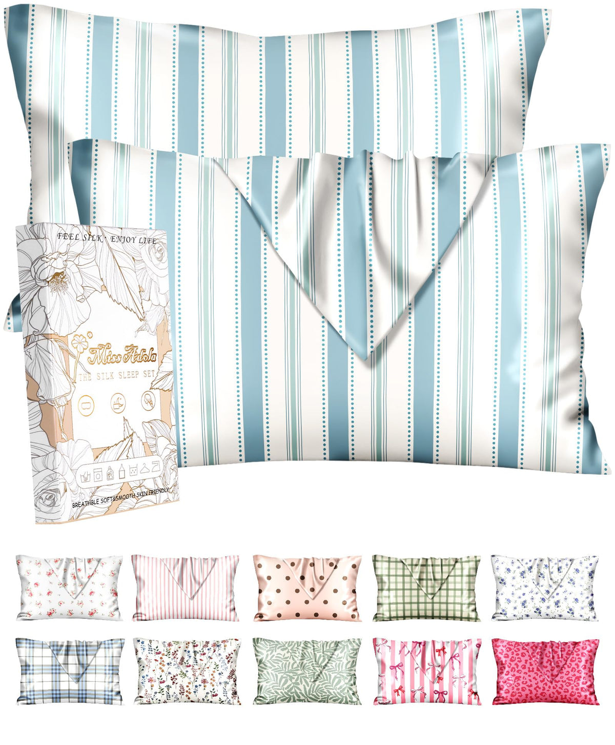 Miss Adola 2pcs Silk Pillowcase with Hidden Zipper, Pink Stripes