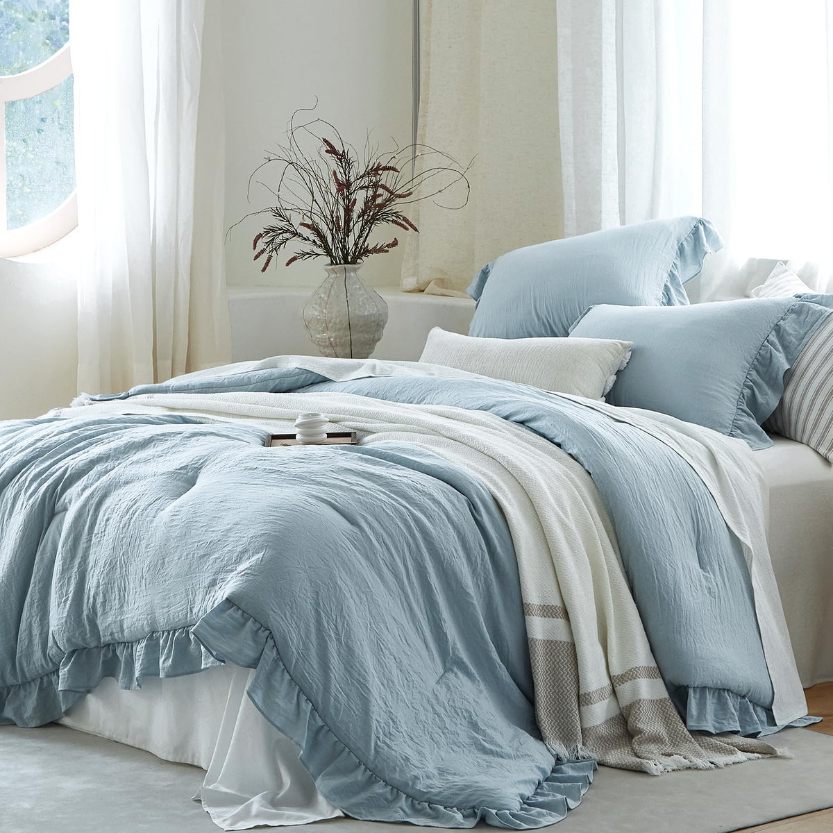 Beige Ruffle 2 Pieces Comforter Set Twin Shabby Chic Bedding Set