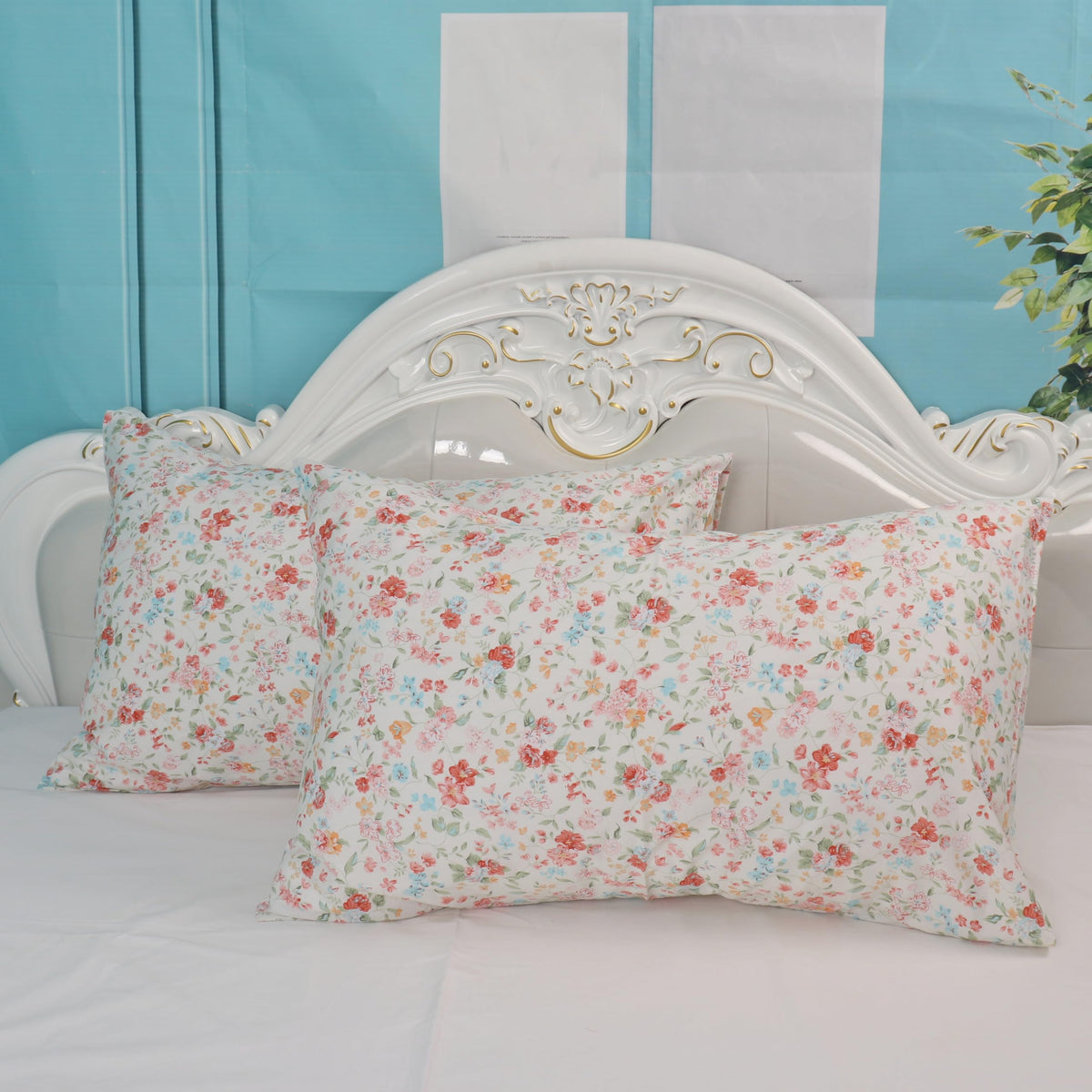 Cotton Pillow Cases Standard Size Set of 2, Flower Printed Queen Pillowcases, Premium Quality Machine Washable