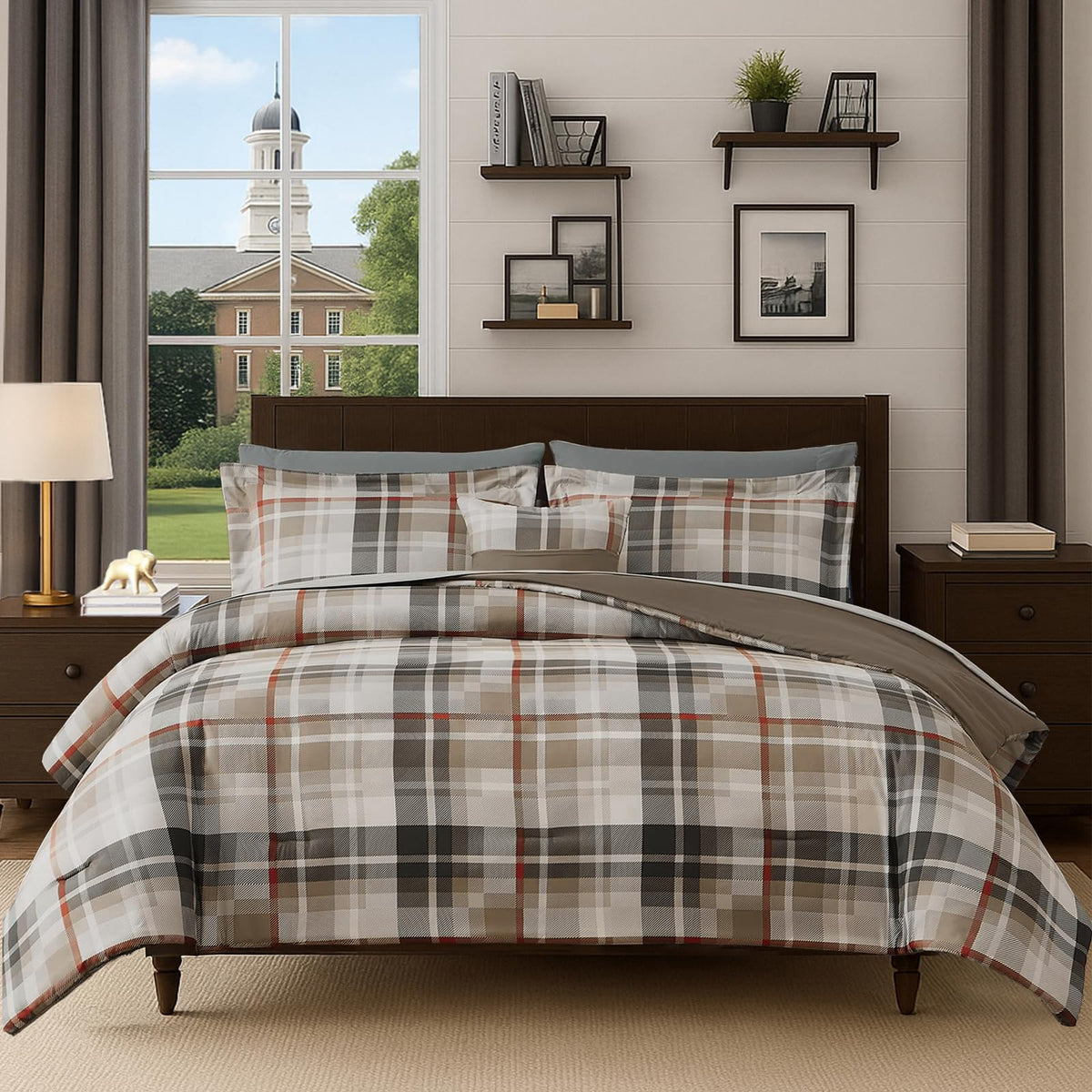 MaiRêve Plaid Queen Comforter Set Navy Blue 7 Pieces Bed in a Bag