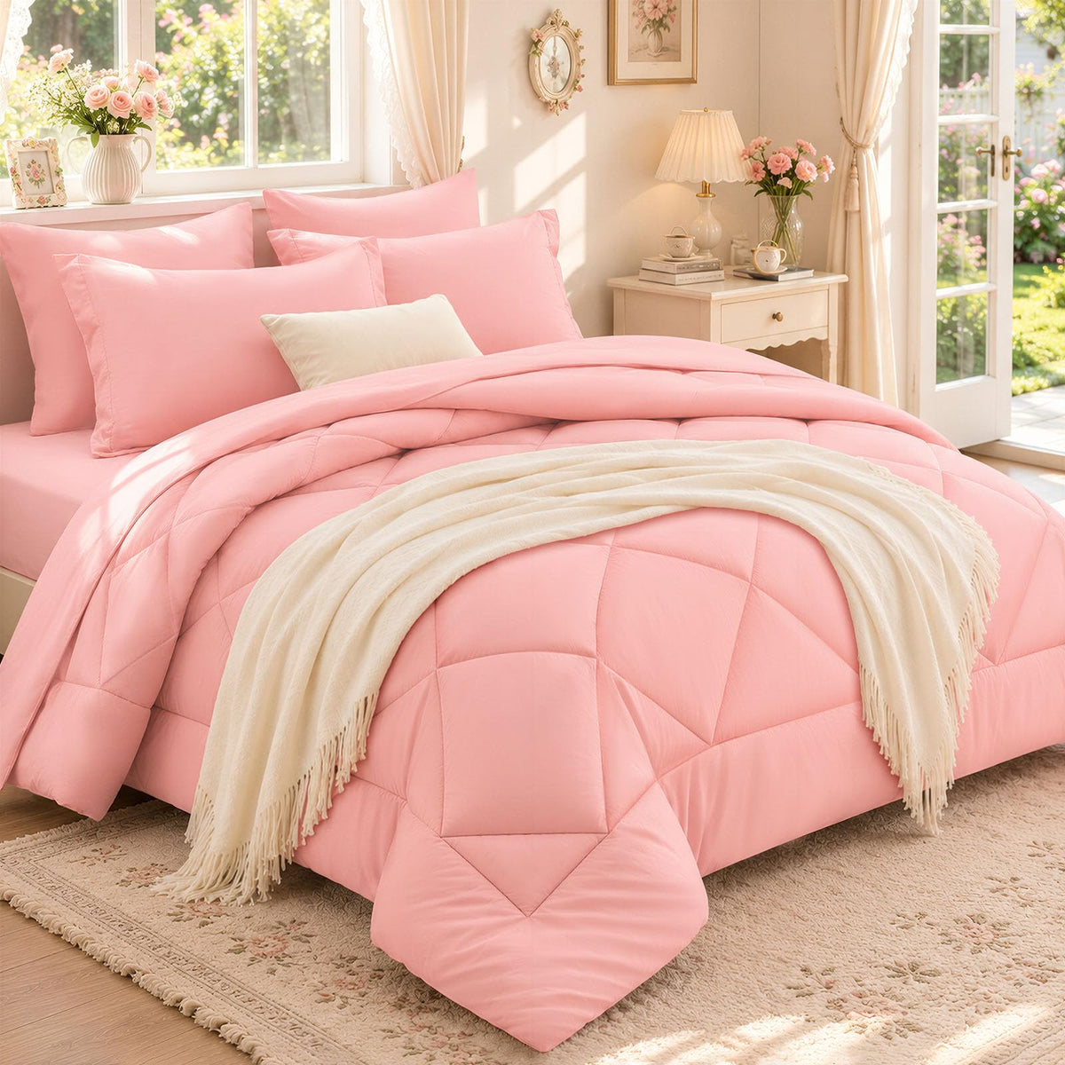 FUANNA Full Size Comforter Sets 7 PCS, Navy Blue Bed Set, Soft Bed in a Bag