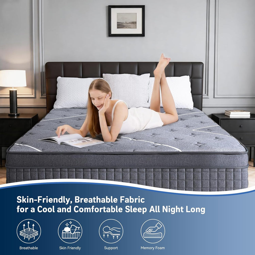 Queen Mattress 10 Inch, Luxury Hotel-Level Hybrid Mattress in a Box, Cooling Gel Memory Foam & Upgraded Pocket Springs, Enhanced Back & Lumbar Hip Support, Back Pain Relief,Medium Firm,365-Night Trial