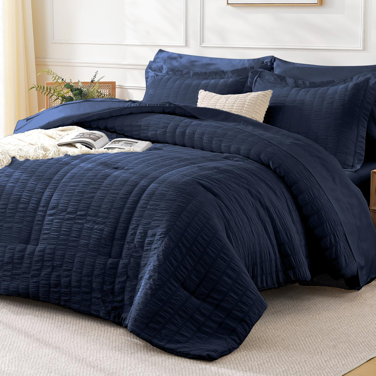FreshCulture Twin Size Comforter Set Seersucker 5 Pieces, All Season Bedding Set Twin, Soft Bed in a Bag Comforter Set with Comforter, Flat Sheet, Fitted Sheet, Pillowcase and Pillow Sham, Cream