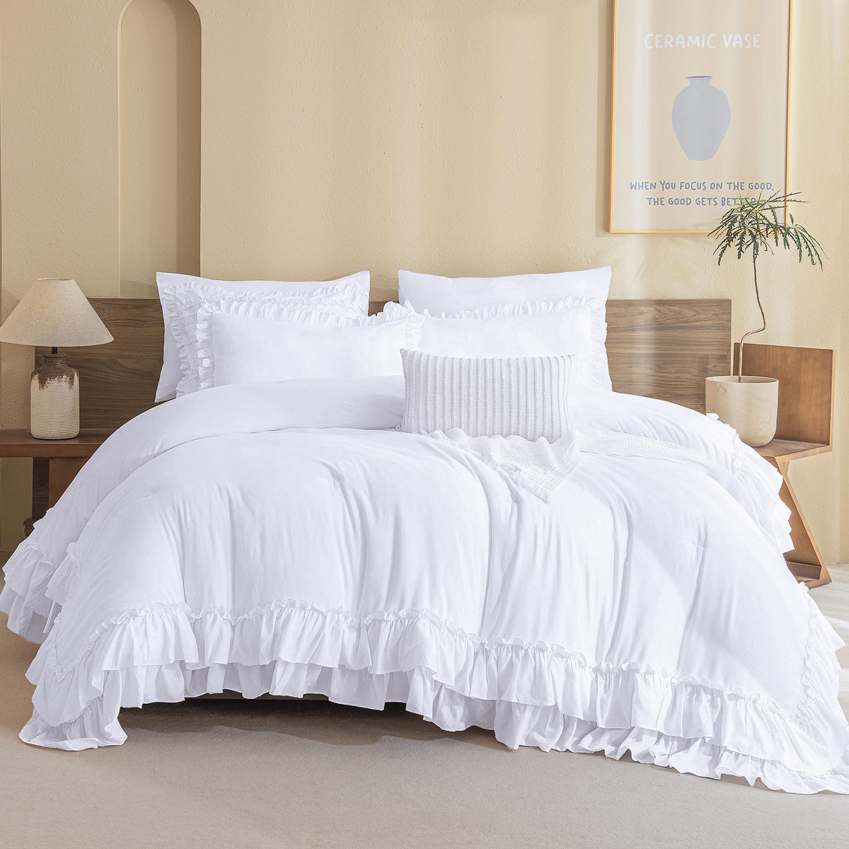 QSH Queen's House Light Blue Farmhouse Ruffled King Size Comforter Set,Lightweight Microfiber Inner Fill Fluffy Boho Chic Bedding Comforter,Ultra Soft Microfiber Inner Fill Bedding