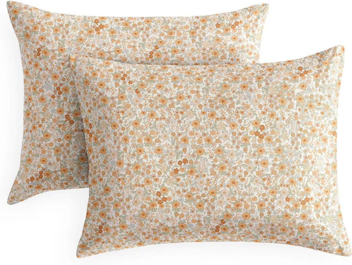 Wake In Cloud - Floral Pillow Cases, Cute Vintage Flower Shabby Chic Coquette Cottagecore Aesthetic, Set of 2 Soft Pillowcases Pillow Shams Covers, Cream Orange, Standard Size 20x26 Inches
