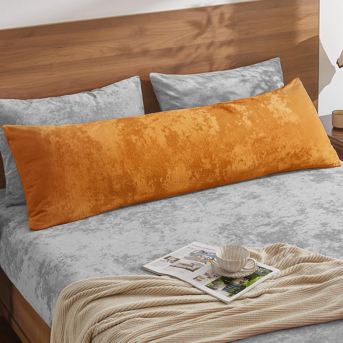 BEDELITE Velvet Body Pillow Cover with Zipper, Grey, 20x54 Inch, 1 Pack