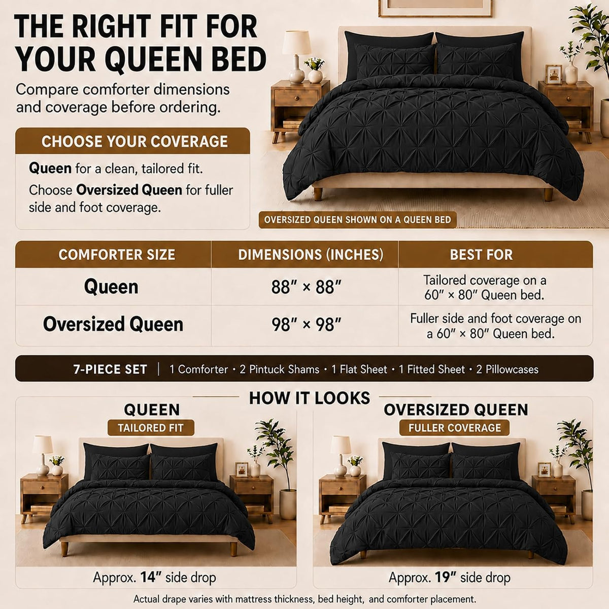 HIMEET Queen Comforter Set Black - 7 Pieces Pintuck Bed in a Bag