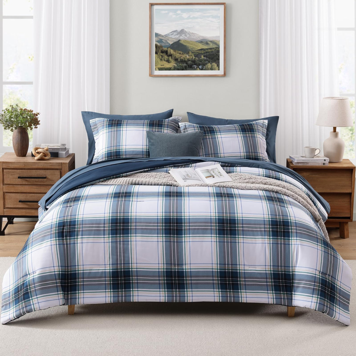 MaiRêve Plaid Queen Comforter Set Navy Blue 7 Pieces Bed in a Bag