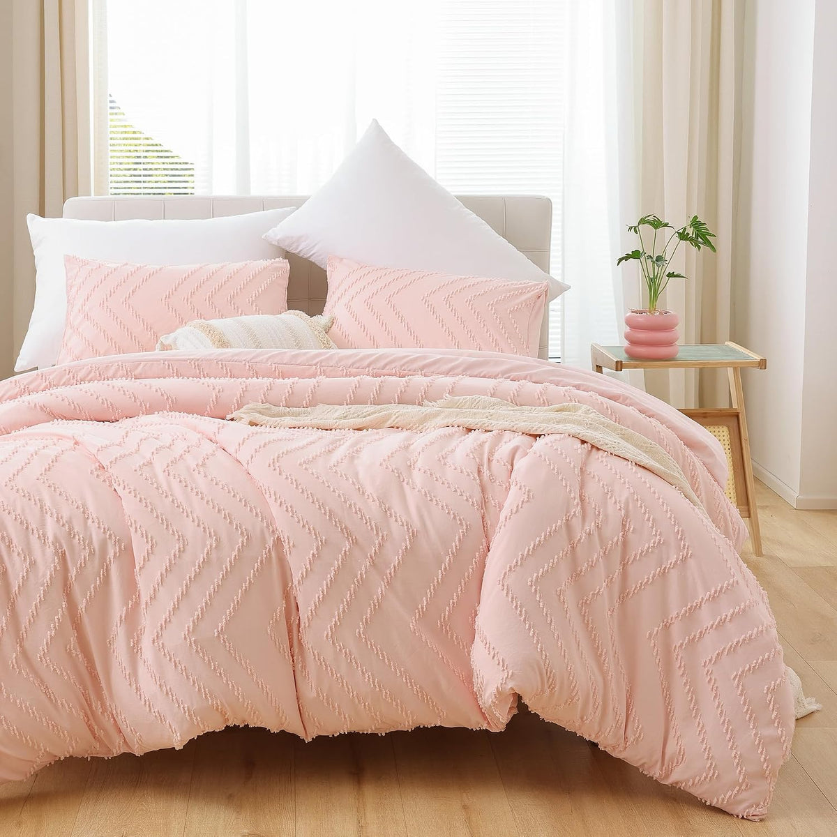 YIRDDEO Twin Size Comforter 2Pcs, Blush Pink Boho Chevron Bedding Sets