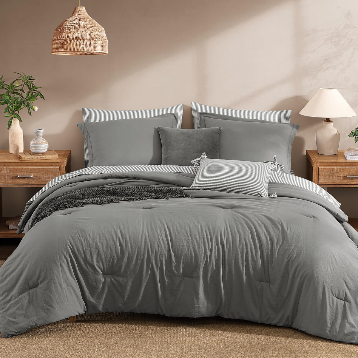Monbix Queen Comforter Set - 7 Pieces Soft Bed in a Bag Queen Bedding Sets