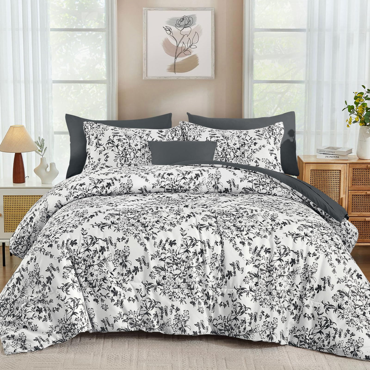 WONGS BEDDING 8 Pieces Queen Size Comforter Set Green, Sage Green Floral Bed in a Bag Comforter Sets, Soft Reversible Botanical Flowers Bedding Sets for All Season (90"x90")