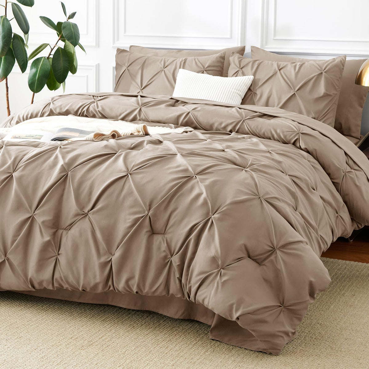 CozyLux Queen Comforter Set Black, 7 Pieces Pintuck Bed in a Bag