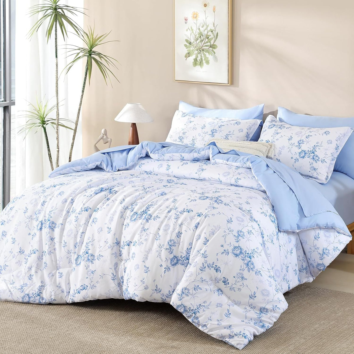 Luxudecor Blue Rose Floral Queen Comforter Set, 7 Pieces Bed in a Bag