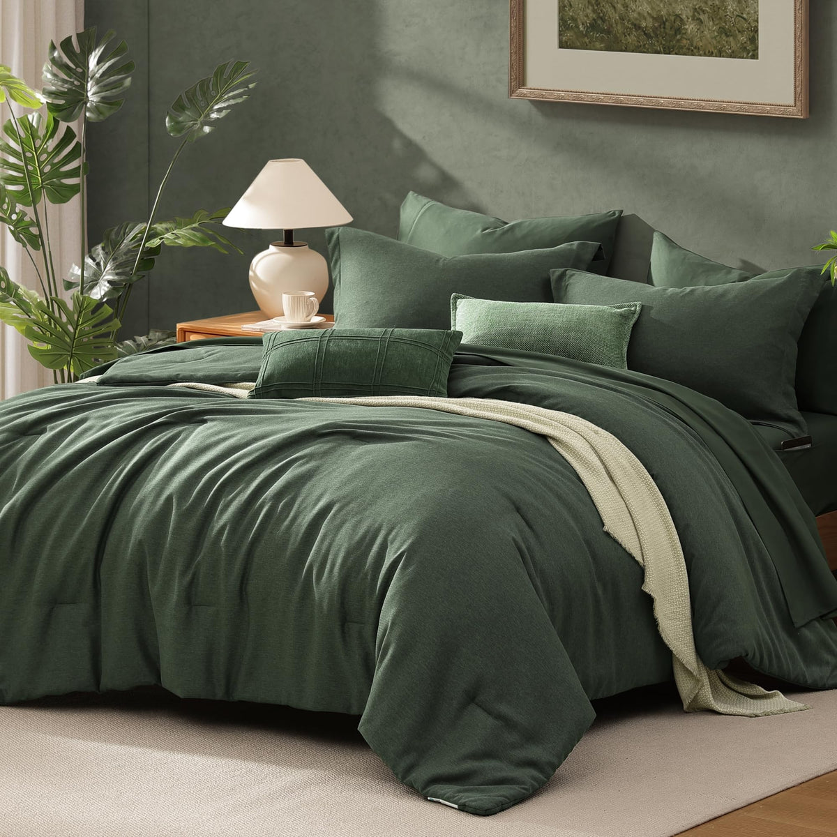 King Bedding Set - 7 Pieces Green Comforter Set King Size Soft Bed in a Bag