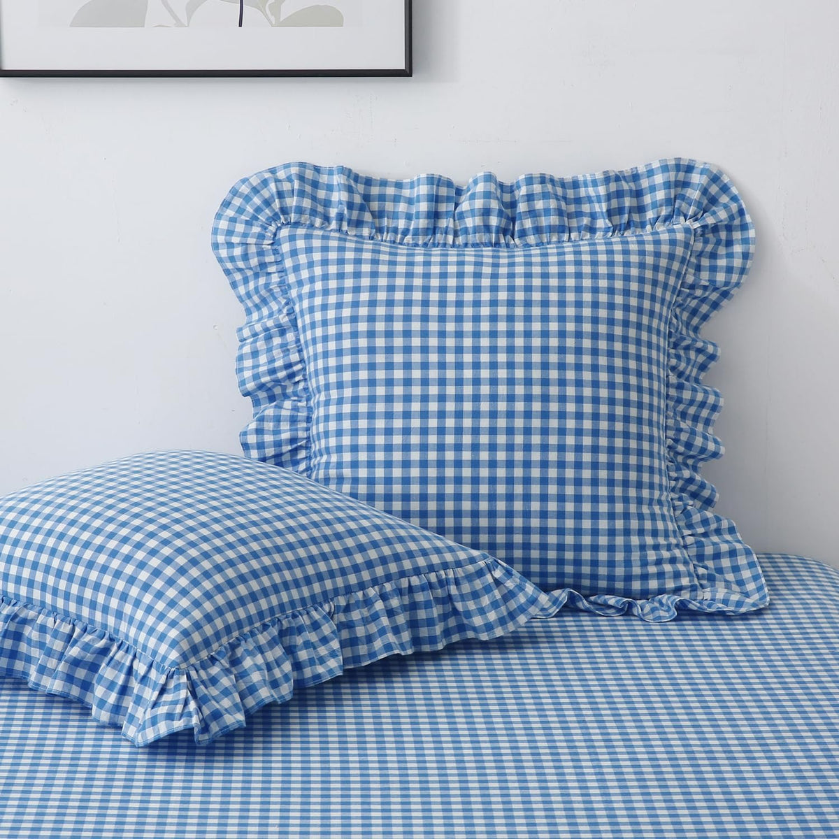 Silnuo Taupe/White Gingham Plaid Ruffled Pillow Covers Queen Size Set of 2