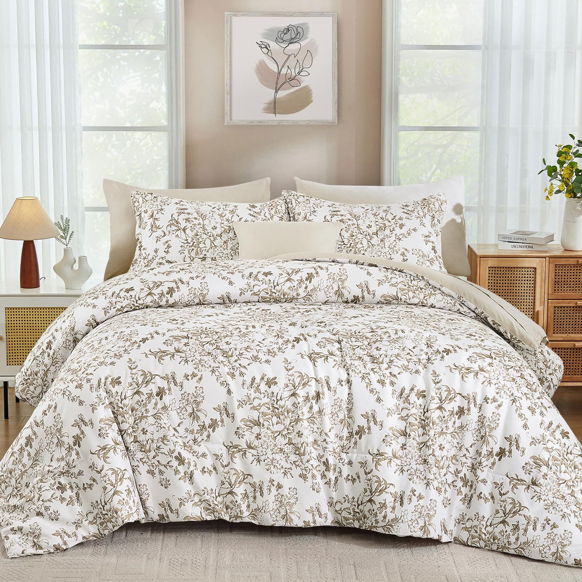 WONGS BEDDING 8 Pieces Queen Size Comforter Set Green, Sage Green Floral Bed in a Bag Comforter Sets, Soft Reversible Botanical Flowers Bedding Sets for All Season (90"x90")