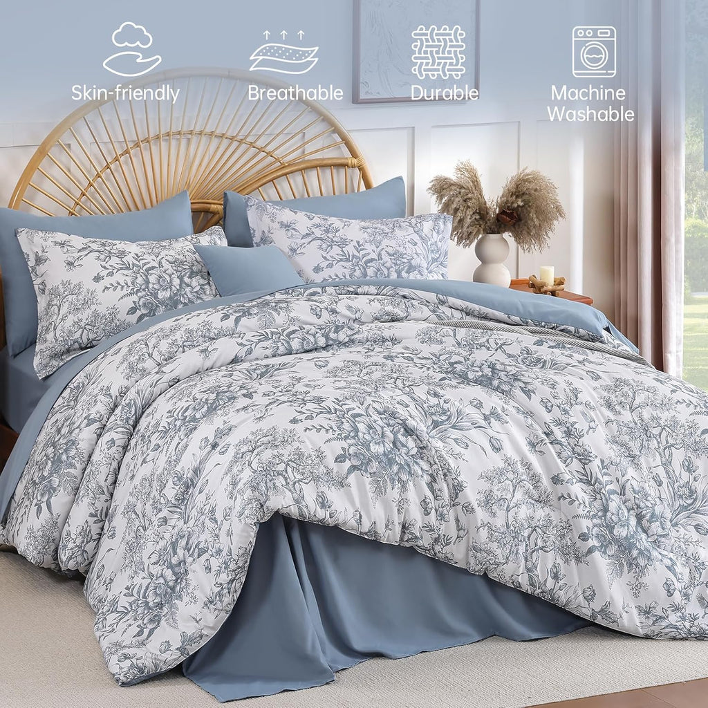 Queen Comforter Set 8 Pieces, Floral Comforter Set Blue, Bed in a Bag Queen