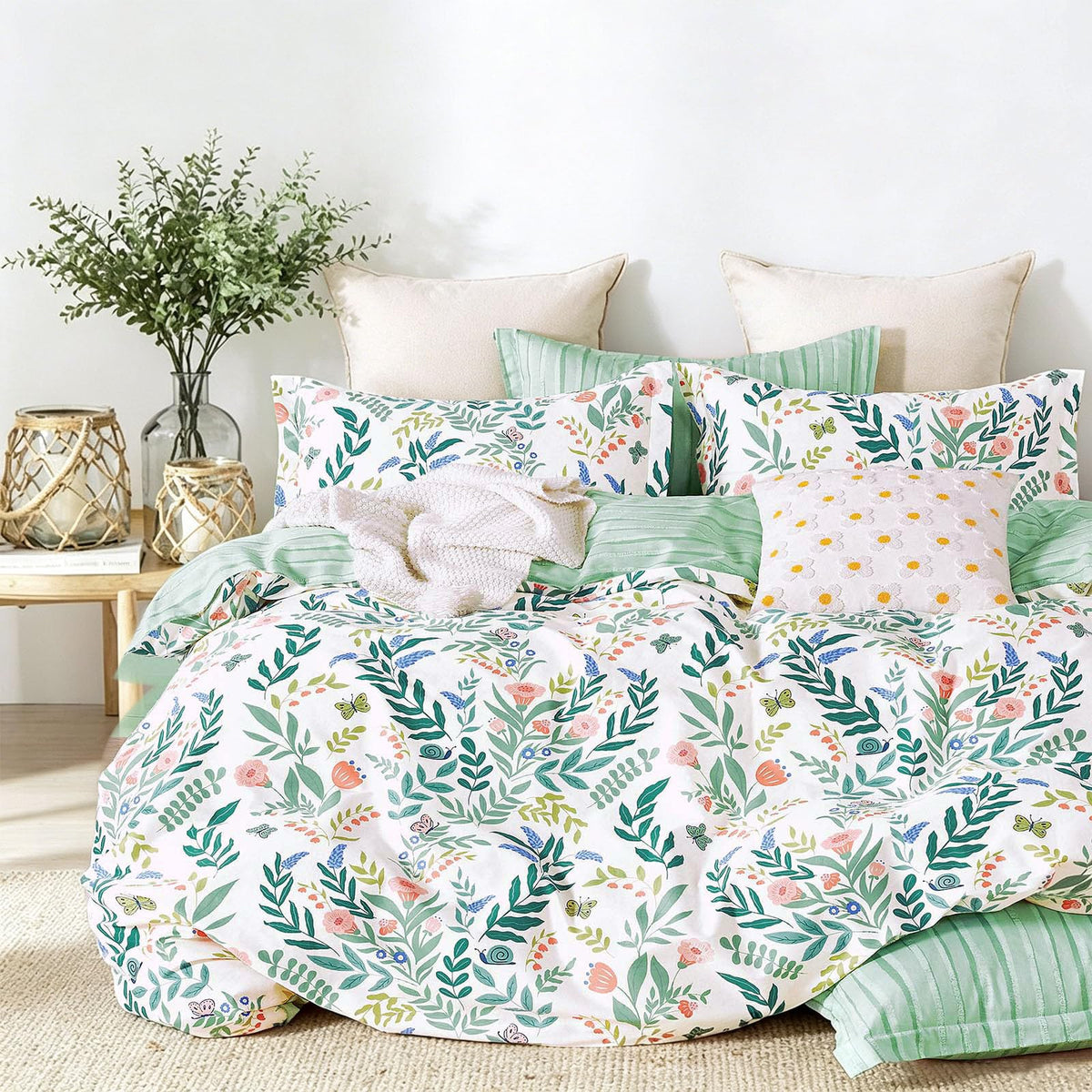 ALEISSEL Natural Cotton 3pcs Floral Comforter Sets King Size-Yellow Comforter with Pink & Yellow Flowers and Blue & Green Leaves on White, Reversible Lightweight Bedding Sets(King 104"×90")